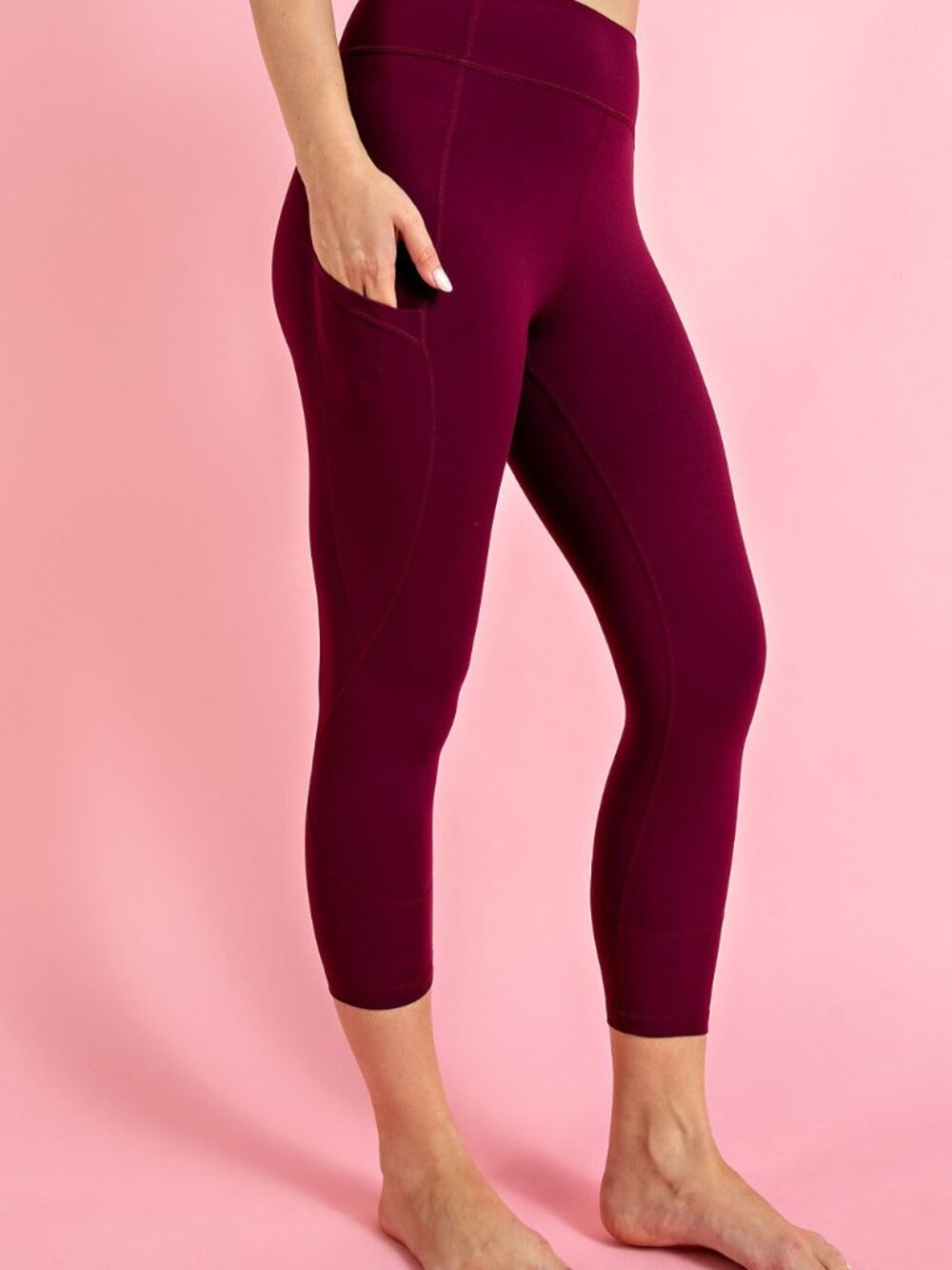 Women Premium Active Capri Yoga Leggings w/Seam Detail & Pockets 1X- 3X Burgundy